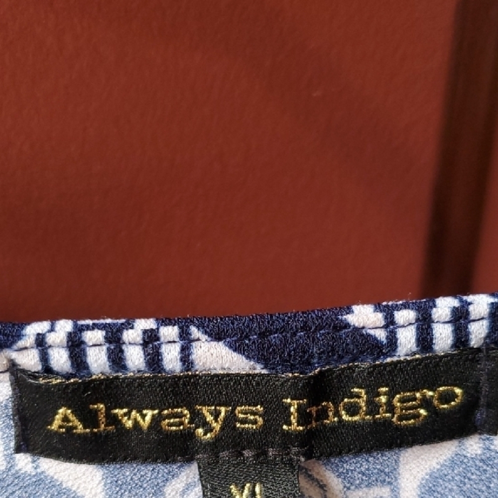 Always Indigo Blue and White Cap Sleeve Buttoned Blouse - Picture 2 of 7